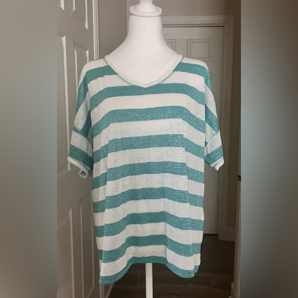 Chico's Turquoise and White Sparkle Striped Top great condition